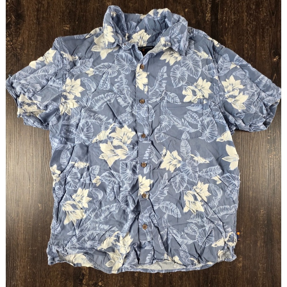 Margaritaville Shirt Men‎ Medium Blue Floral Palm 100% Rayon Hawaiian